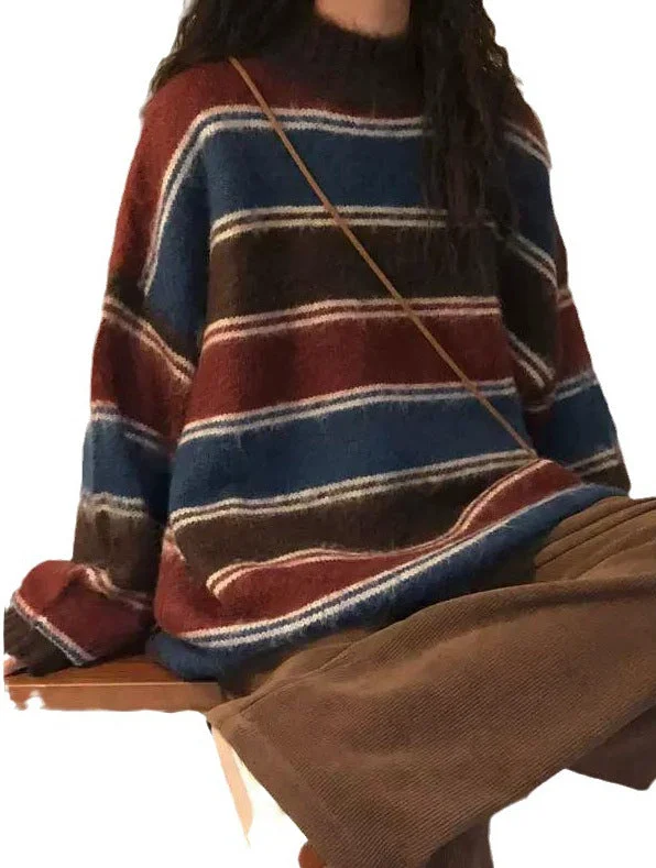 Wjczt sweater Preppy Style Retro Loose Color Matching Striped Sweater Female Students Autumn and Winter Niche Lazy Sweater Ribbed Striped Patterned