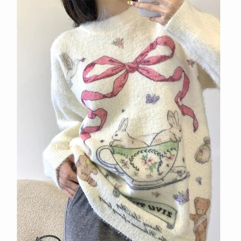 Wjczt American Vintage Y2K Cartoon Rabbit Printed Sweater for Girls Loose Oversized Knitted Pullover Soft Comfortable Winter Clothes Lace Blend Ribbed Blend Corduroy Blend