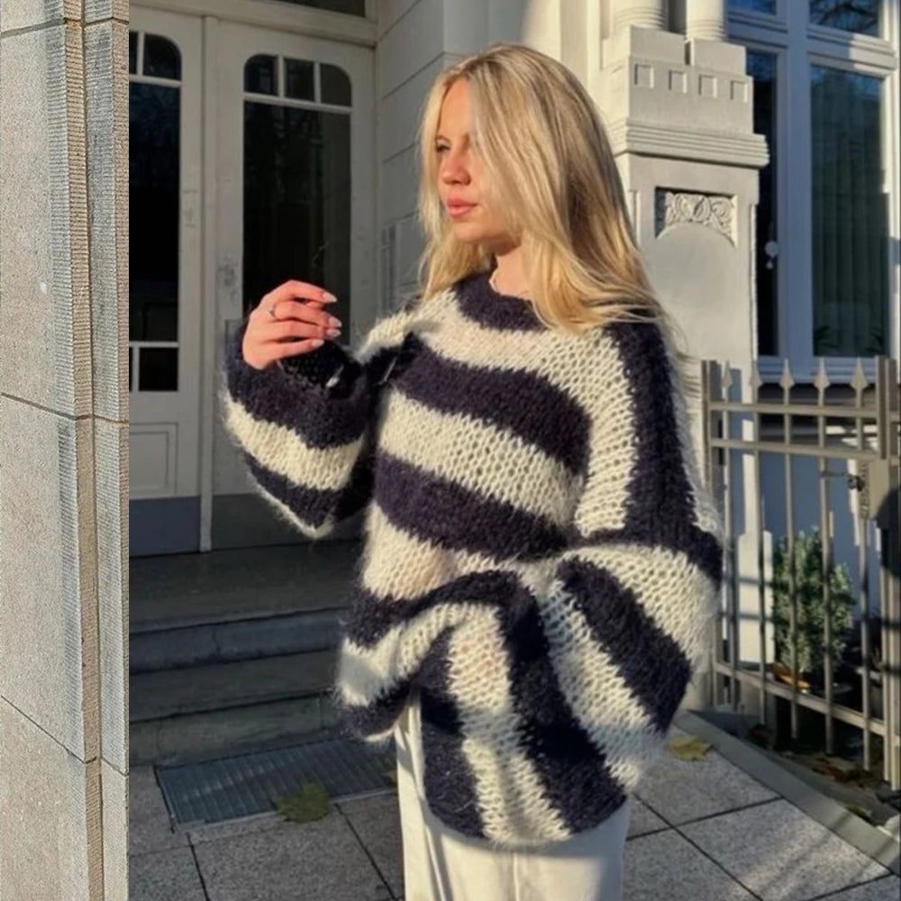 Wjczt Mohair Stripe Knit O-neck Women's Pullovers Lantern Sleeve Oversized Loose Sweater 2024 Autumn Casual Office outerwears Chenille Brocade Lace