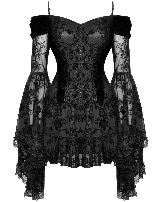 Dark In Love Romantic Gothic Velvet & Flocked Lace Flare-Sleeve Mini Dress Cozy Cowl Neck Mini Dress