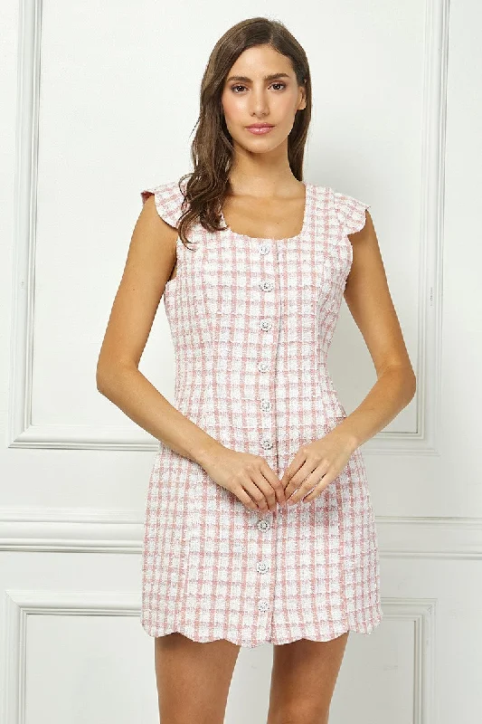 PINK TWEED SHORT SLEEVES BUTTON DOWN SHIFT MINI DRESS AVD51143W Fashionable Polka Dot Mini Dress