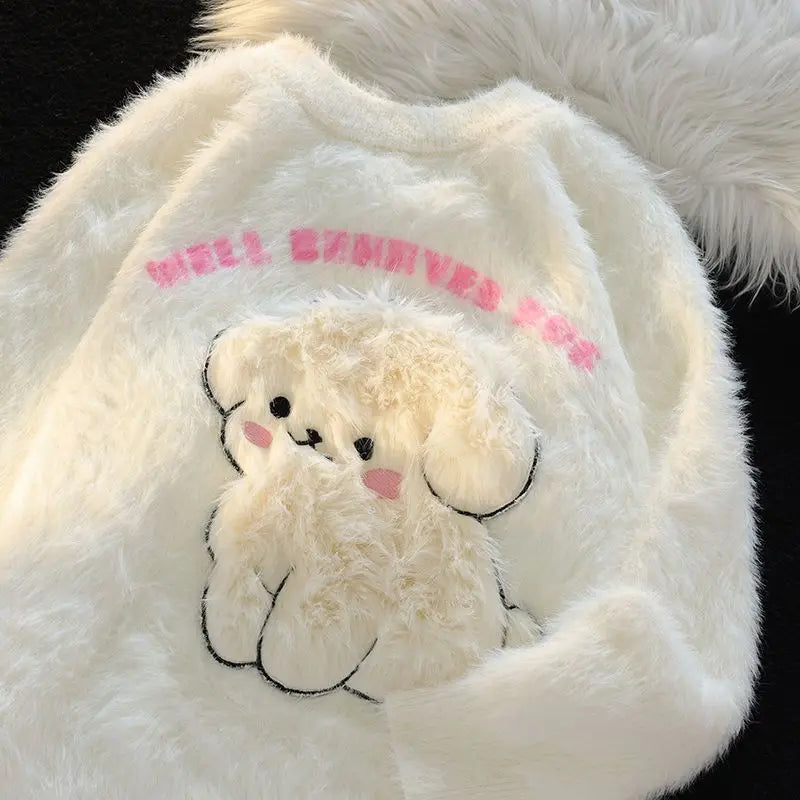 Wjczt White Pullovers Cute Puppy Flocking Jacquard Weave Knitted Sweater Korean Winter Women Winter Warm Kawaii Knitwear Jumpers Teens Front Pockets Side Pockets Patch Pockets