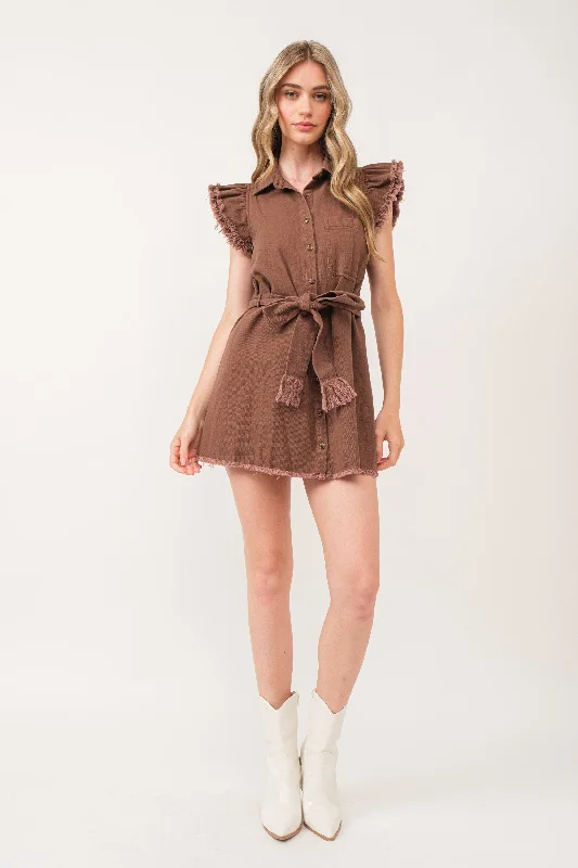 BROWN COLLARED BUTTON DOWN SELF-TIE BELT MINI DRESS IBD9654-1 Chic Sleeveless Mini Dress