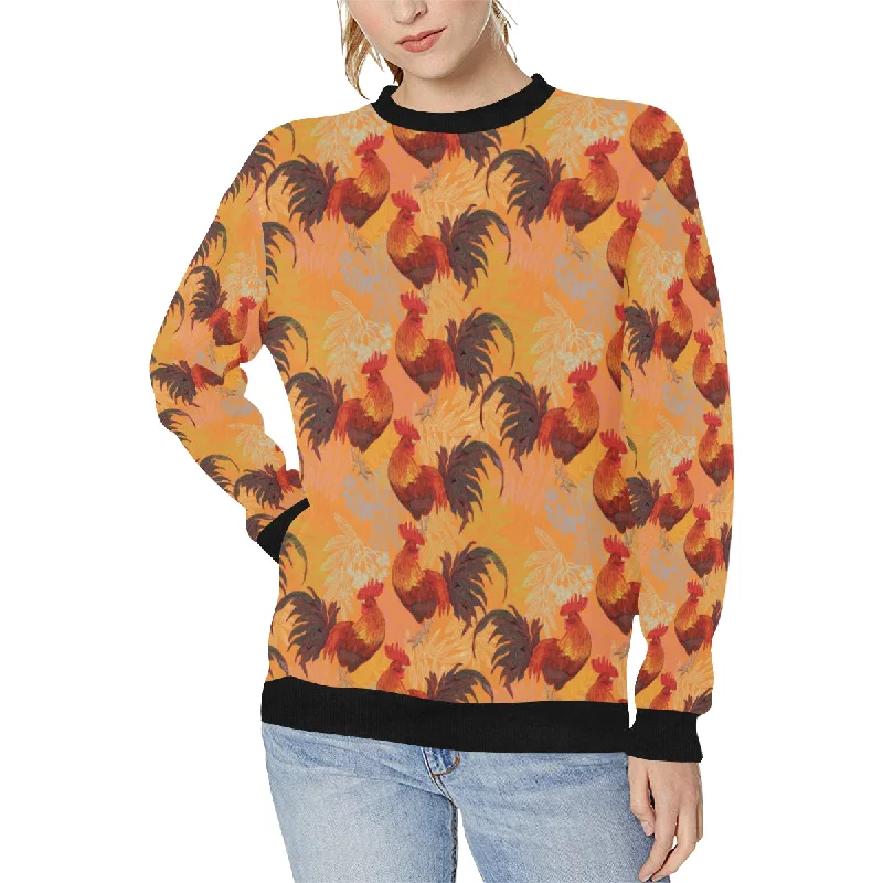 red rooster chicken cock pattern Women's Crew Neck Sweatshirt Hoodie with Contrast Stitching Detailed Premium