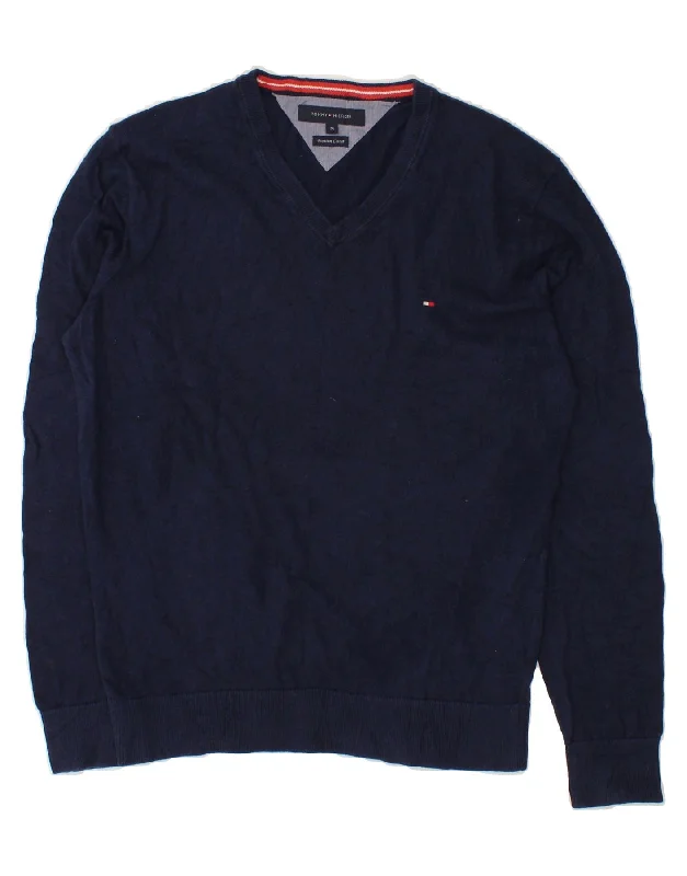 TOMMY HILFIGER Mens V-Neck Jumper Sweater Medium Navy Blue Cotton Cable Knit Ribbed Knit Lace Knit