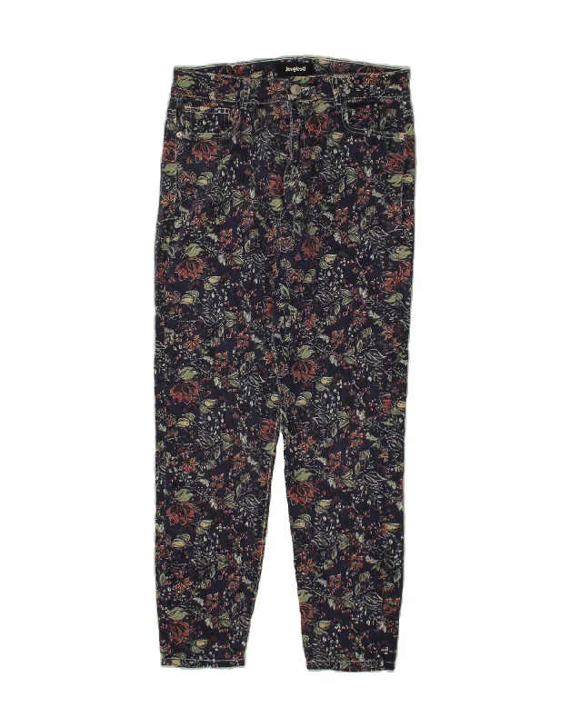 DESIGUAL Womens High Waist Slim Jeans EU 42 Large W30 L26 Navy Blue Floral Stylish Bootcut Denim Jeans