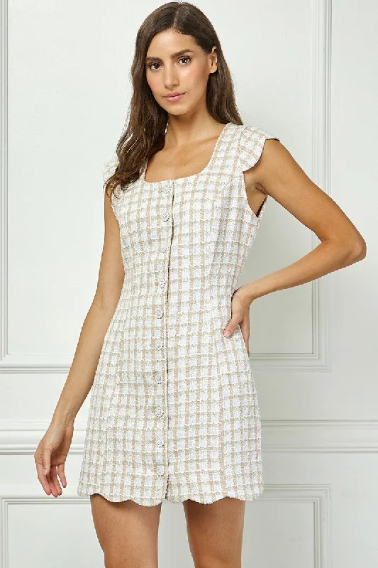 TAUPE TWEED SHORT SLEEVES BUTTON DOWN SHIFT MINI DRESS AVD51143W Casual V-Neck Mini Dress