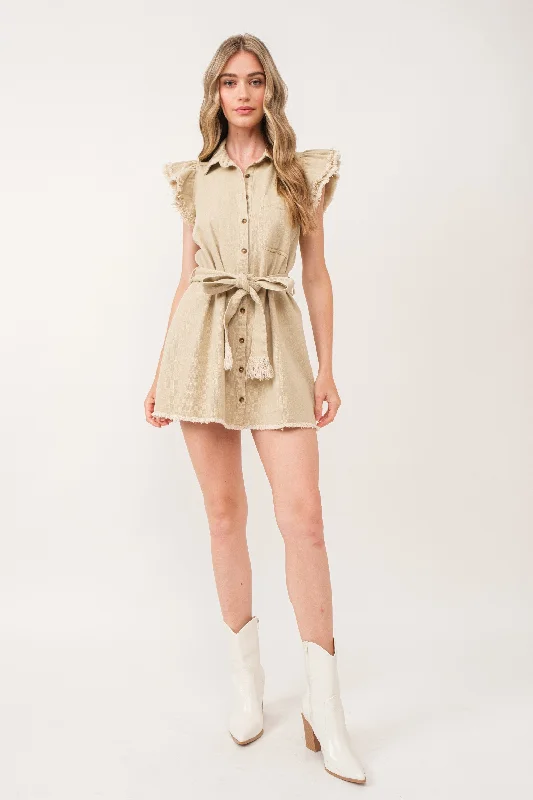 IVORY COLLARED BUTTON DOWN SELF-TIE BELT MINI DRESS IBD9654-1 Trendy Floral Mini Dress
