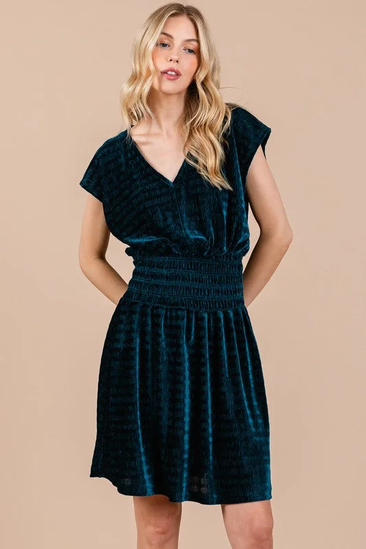 HUNTER GREEN TEXTURED KNIT SMOCKING DETAILED MINI DRESS CFDLU51382SA Trendy Tulle Mini Dress