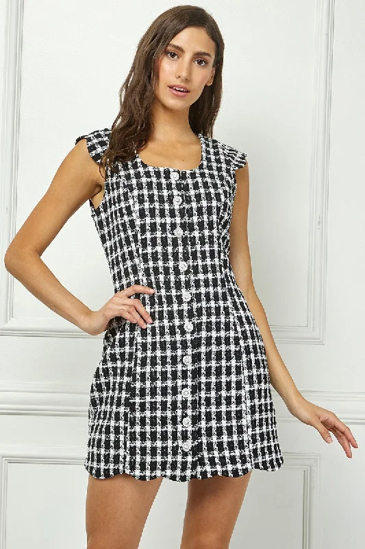 BLACK TWEED SHORT SLEEVES BUTTON DOWN SHIFT MINI DRESS AVD51143W Trendy Mini Dress with Belt