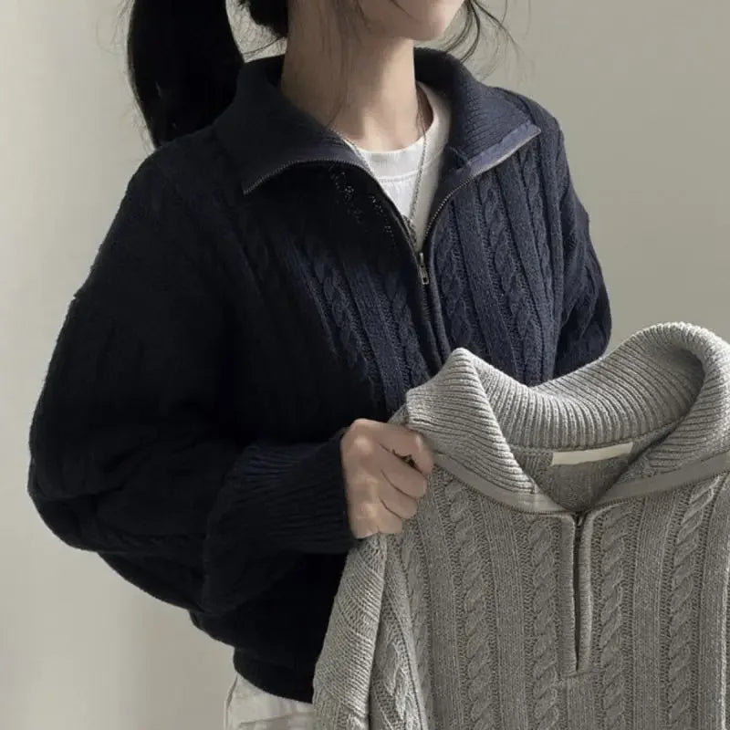 Wjczt Korean Fashion Half Zipper Sweaters Women Vintage Twisted Knitted Crop Pullover Casual Sueter Mujer Long Sleeve Tops Mesh Sweater Canvas Denim