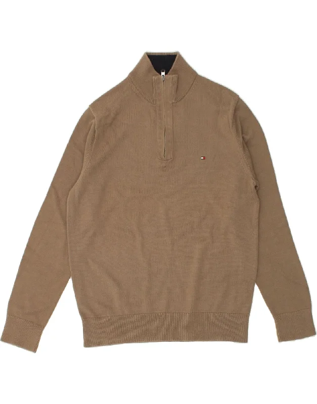 TOMMY HILFIGER Mens Zip Neck Jumper Sweater Large Brown Cotton Fitted Loose Oversized