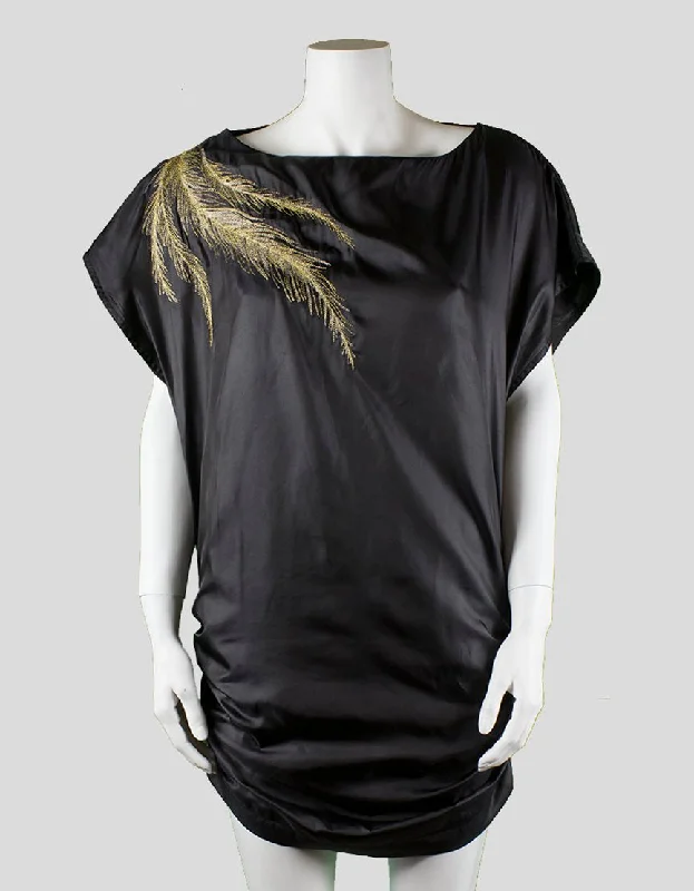 Elizabeth And James Sleeveless Dark Grey Satin Mini Dress With Gold Leaf Design Small Cozy Sweater Mini Dress