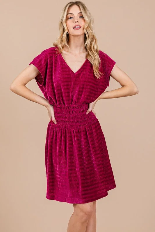 FUCHSIA TEXTURED KNIT SMOCKING DETAILED MINI DRESS CFDLU51382SA Stylish Sweetheart Mini Dress