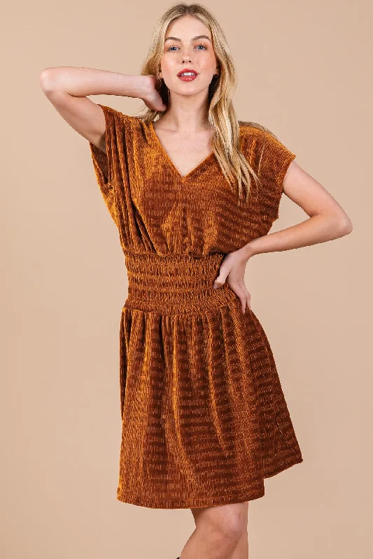 CAMEL TEXTURED KNIT SMOCKING DETAILED MINI DRESS CFDLU51382SA Stylish Summer Mini Dress