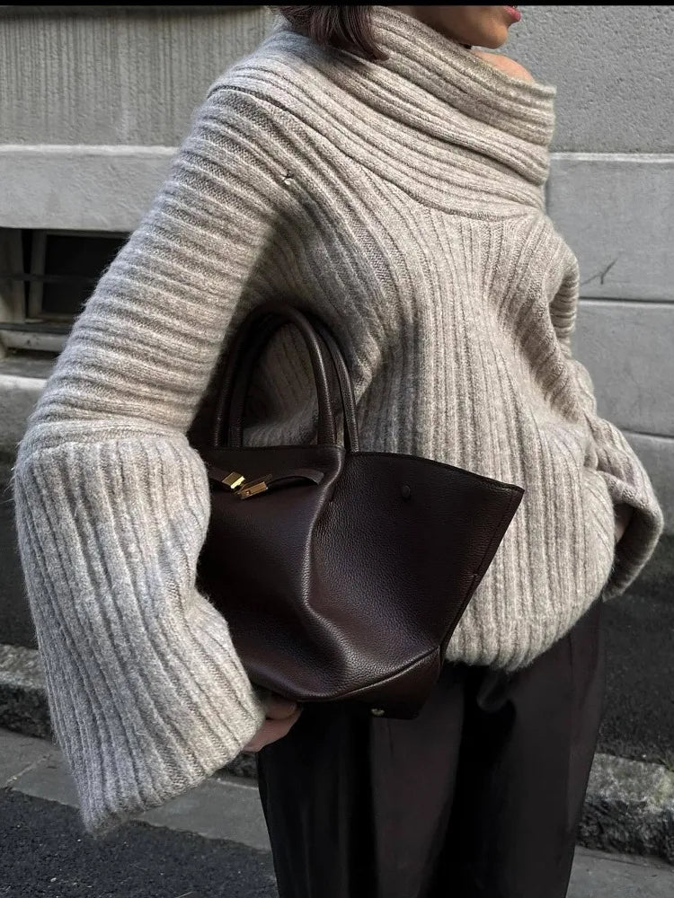 Wjczt Autumn Oversized Sweater for Women Sexy Slash Neck Knit Pullovers Long Sleeve Women's Sweater Loose-fit Casual Knitwear 2024 Fitted Slim Tailored