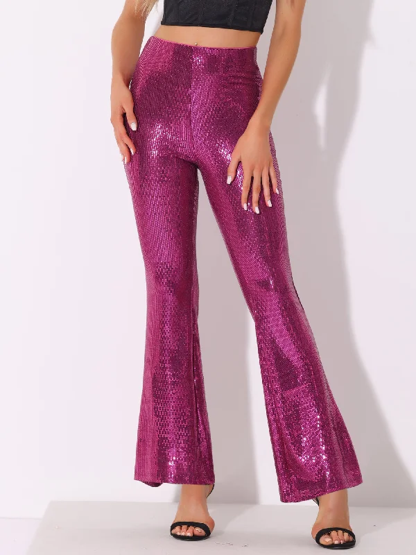 Sequin Glitter Sparkle Bell Bottoms Stretch Shiny Flare Pants Formal Slim Pants