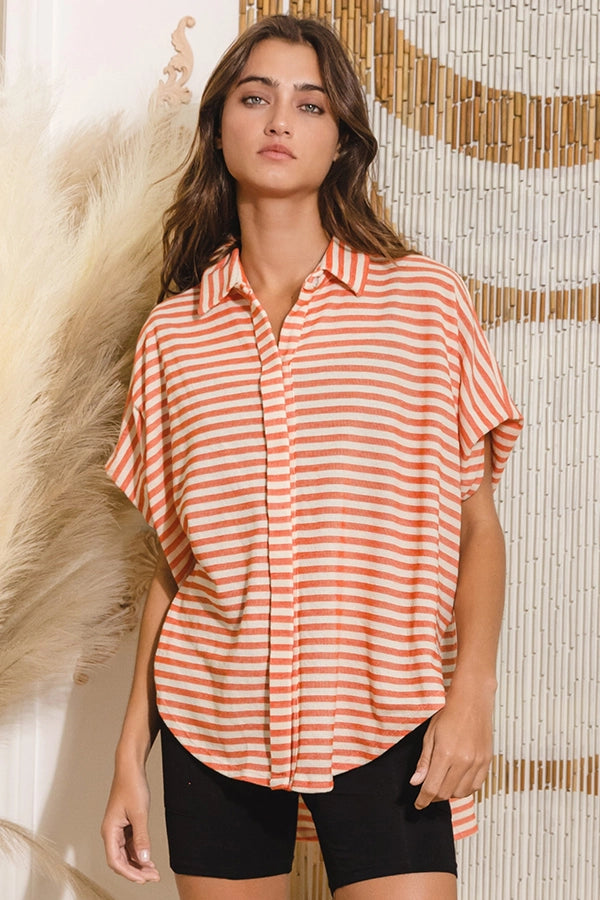 Dolman Coral Striped Blouse Satin Long Blouse