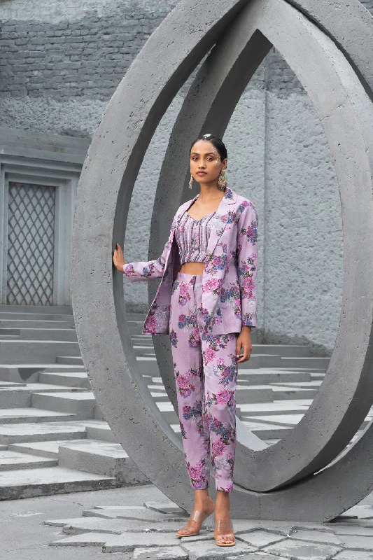Lavender Printed Pant Suit Set Comfy Zip-Up Pants