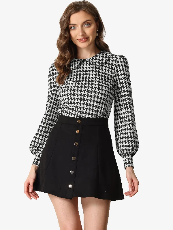 Peter Pan Collar Houndstooth Plaid Long Sleeve Button Back Blouse Vintage Polka Blouse
