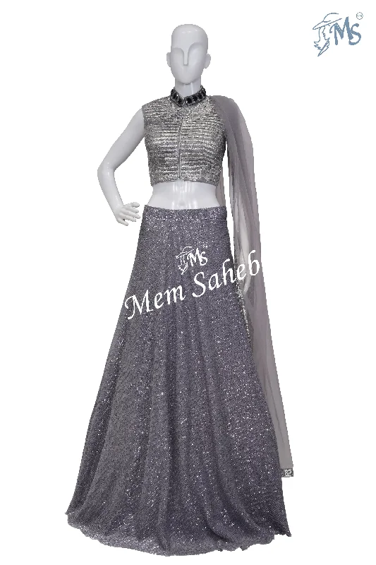Crop Skirt Light Grey Blouse with all over embroidery and Sequin Skirt Lightweight Linen Blouse