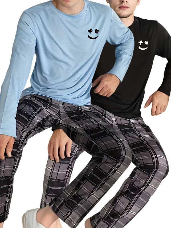 2 Pcs Men's Pajama Sets, Happy Face Pattern Long Sleeves & Plaid Pants, Comfortable & Gentle Style Pajamas For Men's Summer Cozy Loungewear Soft Stretch Trousers