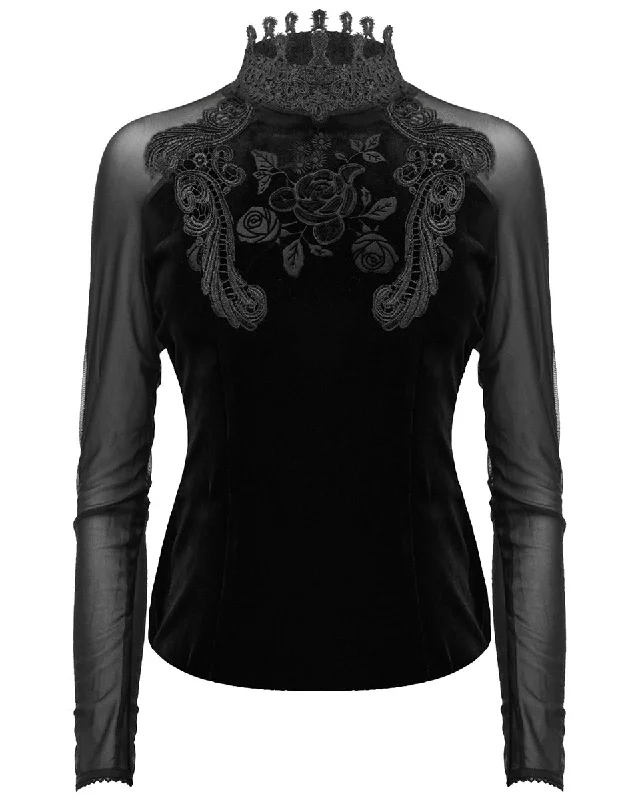 Eva Lady Gothic Embossed Rose Velvet & Mesh Blouse Top Feminine Puff Blouse
