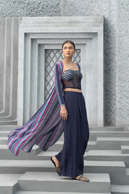 Navy Blue Printed Capw With Corset And Pants Elegant High-Waist Pants