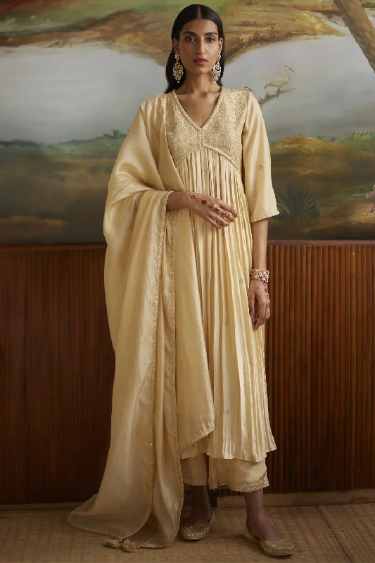 Buttercup Silk Anarkali Paired With Pants & Dupatta Elegant Trouser Pants
