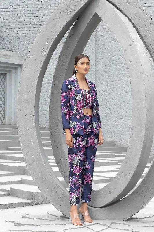 Navy Blue Printed Pant Suit Chic Wool Trousers