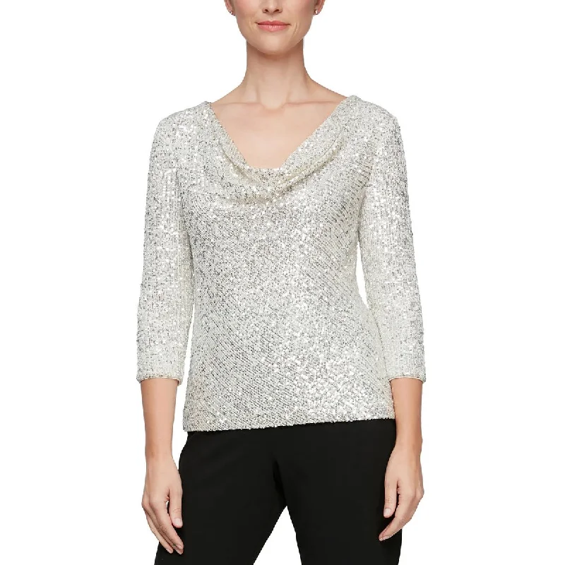 Alex Evenings Womens Petites Sequined Cowlneck Blouse Embellished Collar Blouse