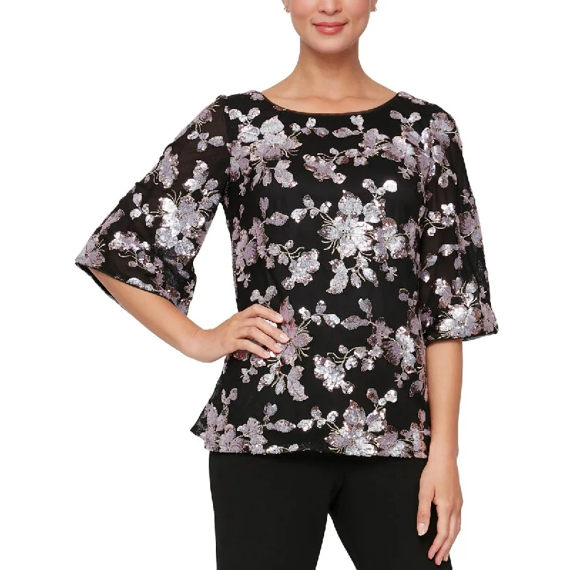 Alex Evenings Womens Petites Sequined Split Hem Blouse Collared Satin Blouse