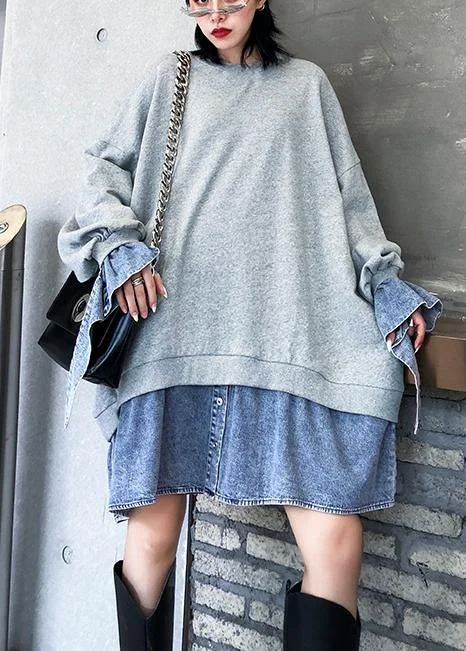 Art gray Blouse o neck false two pieces oversized blouses Smart Business Blouse