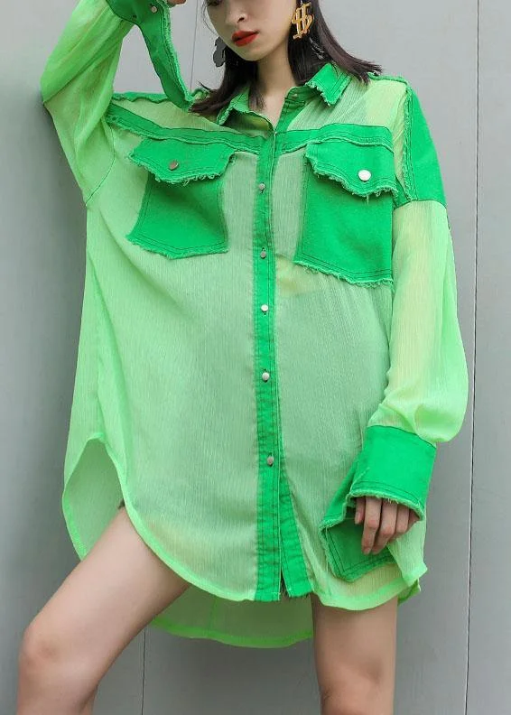 Art green chiffon patchwork tops women blouses big pockets tunic summer blouses Side Tie Blouse