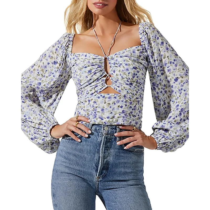 ASTR the Label Womens Floral Print Keyhole Blouse Boho Printed Blouse