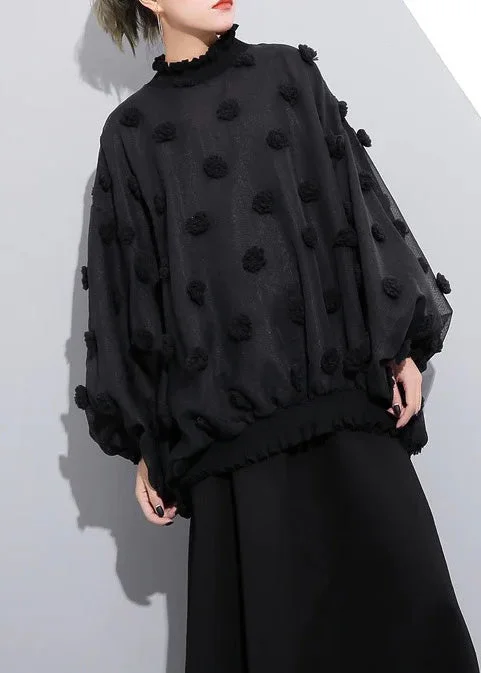 boutique black pure cotton blouse plus size traveling clothing Elegant fuzzy ball decorated cotton blouses Peter Pan Collar Blouse