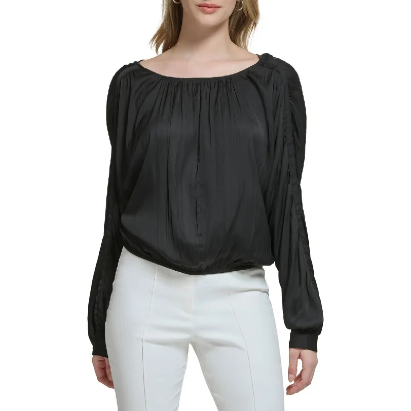 Calvin Klein Womens Shirred Boat-Neck Blouse Satin Bow Blouse