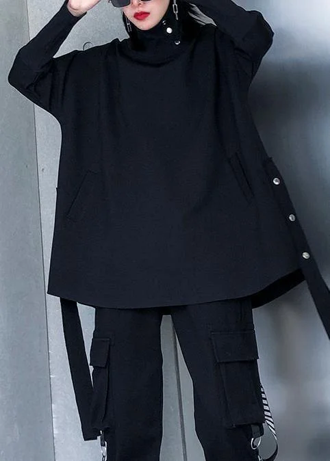 Chic black cotton Blouse high neck asymmetric daily blouse Lightweight Linen Blouse