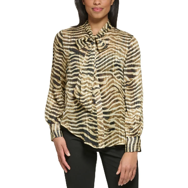 DKNY Womens Tie Neck Button Front Blouse Wrap Front Blouse