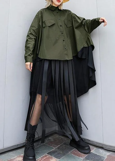 Elegant asymmetric lapel cotton Blouse Inspiration army green blouses Delicate Pleat Blouse