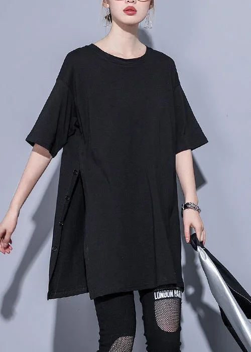 French o neck side open cotton tops Photography black blouse summer Asymmetric Hem Blouse