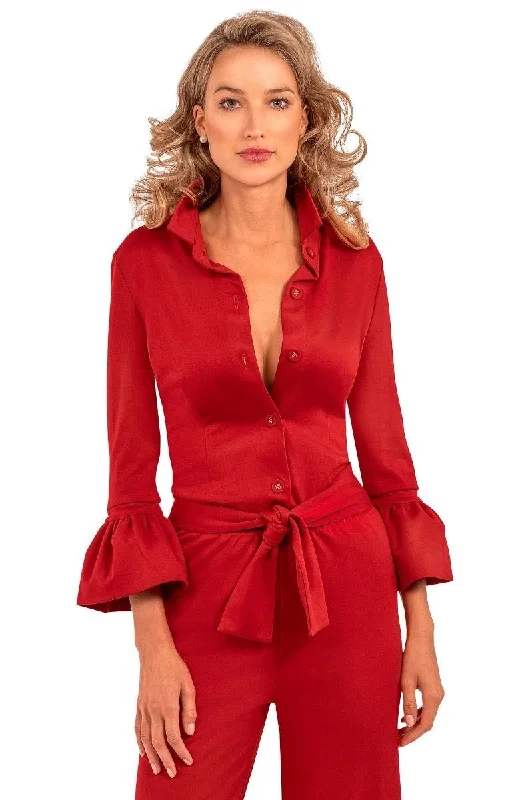 Gretchen Scott Priss Ponte Blouse - Uptown Girl Red Mandarin Collar Blouse