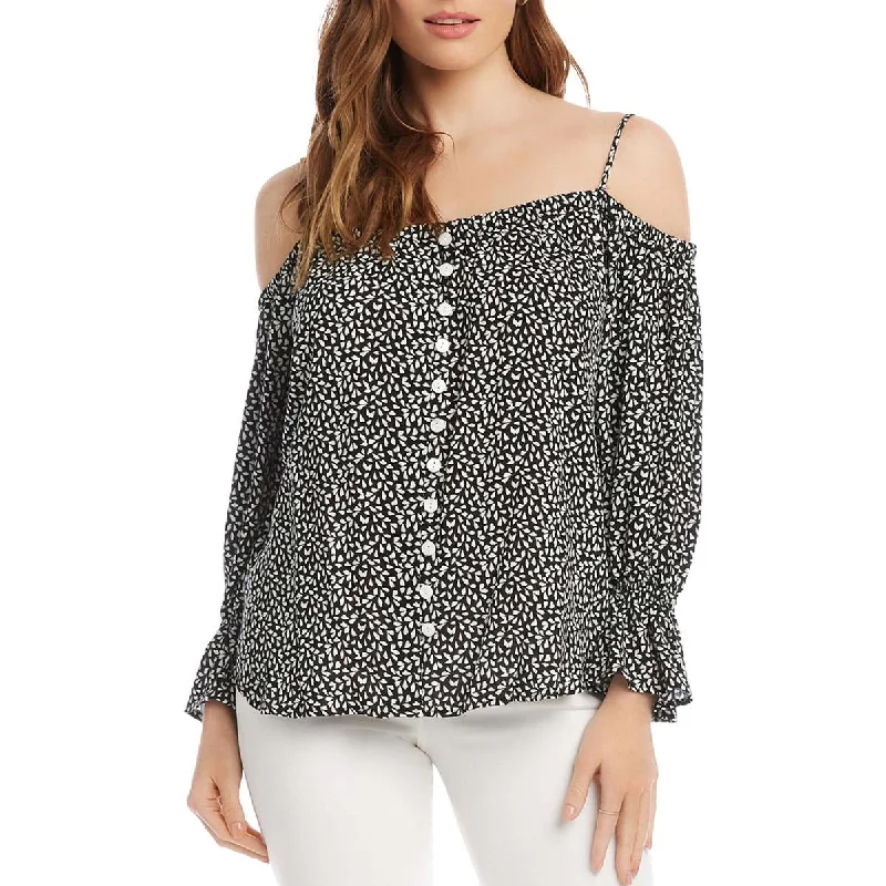 Karen Kane Womens Ruffled Printed Blouse Versatile Layering Blouse