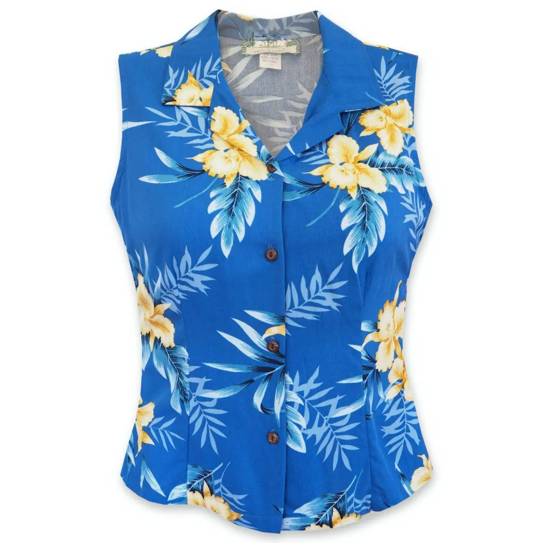 Midnight Blue Lady's Hawaiian Sleeveless Blouse Elegant Semi-Sheer Blouse