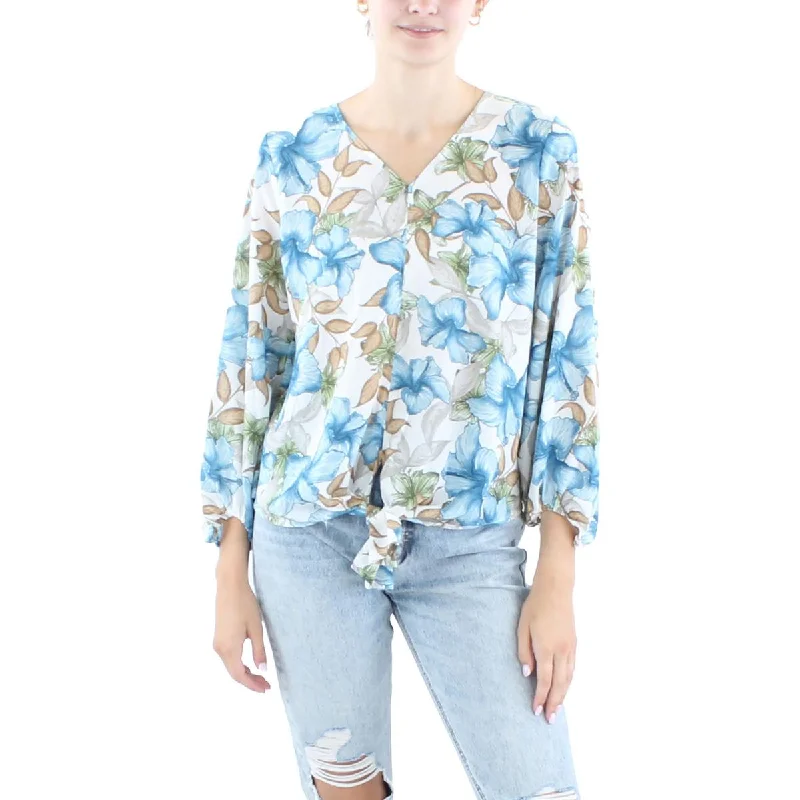 Milano Womens Floral Print Blouse Sheer Sleeve Blouse