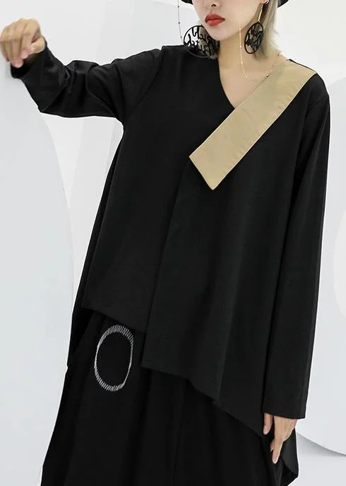 Modern black asymmetric cotton linen tops women v neck silhouette fall blouses Double Button Blouse