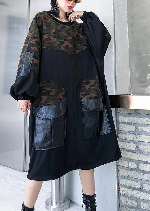 Modern black patchwork camouflage cotton Blouse pockets oversized blouses Slim Fit Blouse