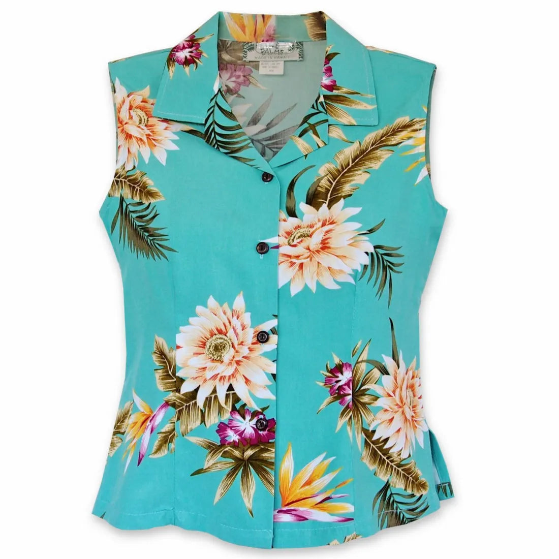 Mountain Green Lady's Hawaiian Sleeveless Blouse Embroidered Floral Blouse