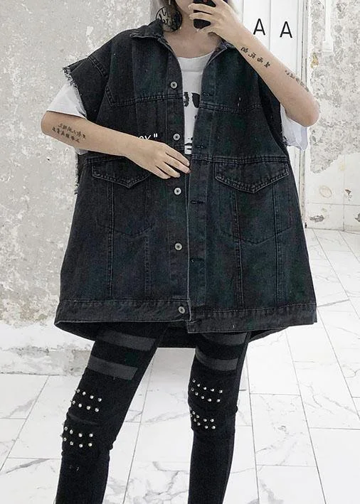 Natural black cotton clothes For Women short sleeve loose fall denim blouse Satin Drape Blouse