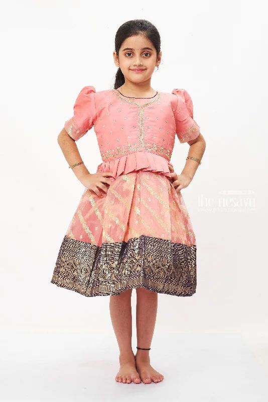 Chic Pink Peplum Pattu Silk Frock with Blouse for Girls - A Festive Favorite Sheer Mesh Blouse